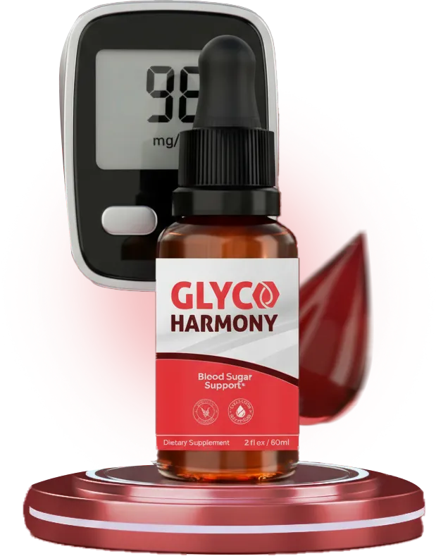 High-definition shot of the Glico Harmony supplement bottle, highlighting the front label with information about its natural formula for blood sugar support.